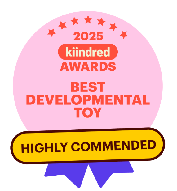 Award badge for 'Best Developmental Toy' and 'Highly Commended' in 2025 kiindred Awards on a pink and purple background.