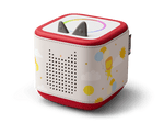 Side view of Toniebox 2 with lion, balloons, sun and clouds on it