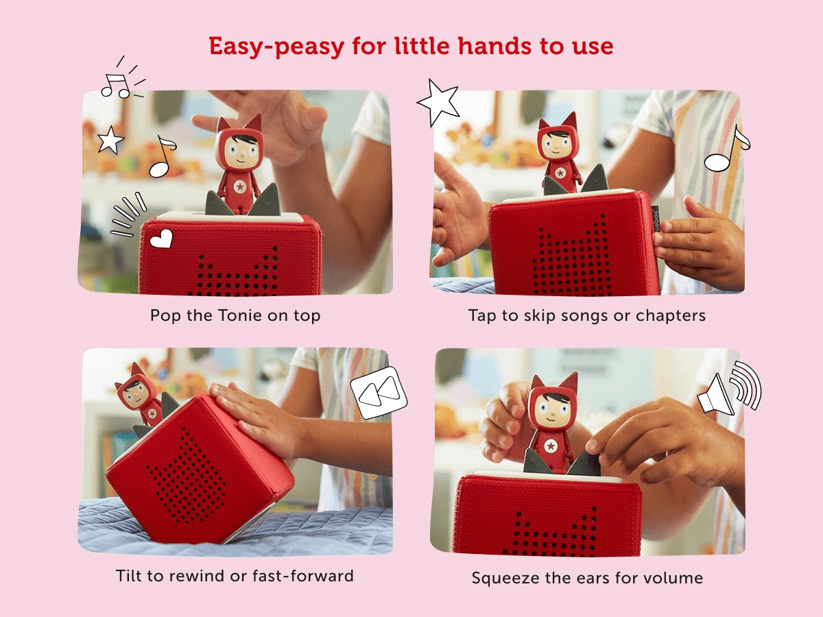 Graphic image that shows how a child uses the Toniebox