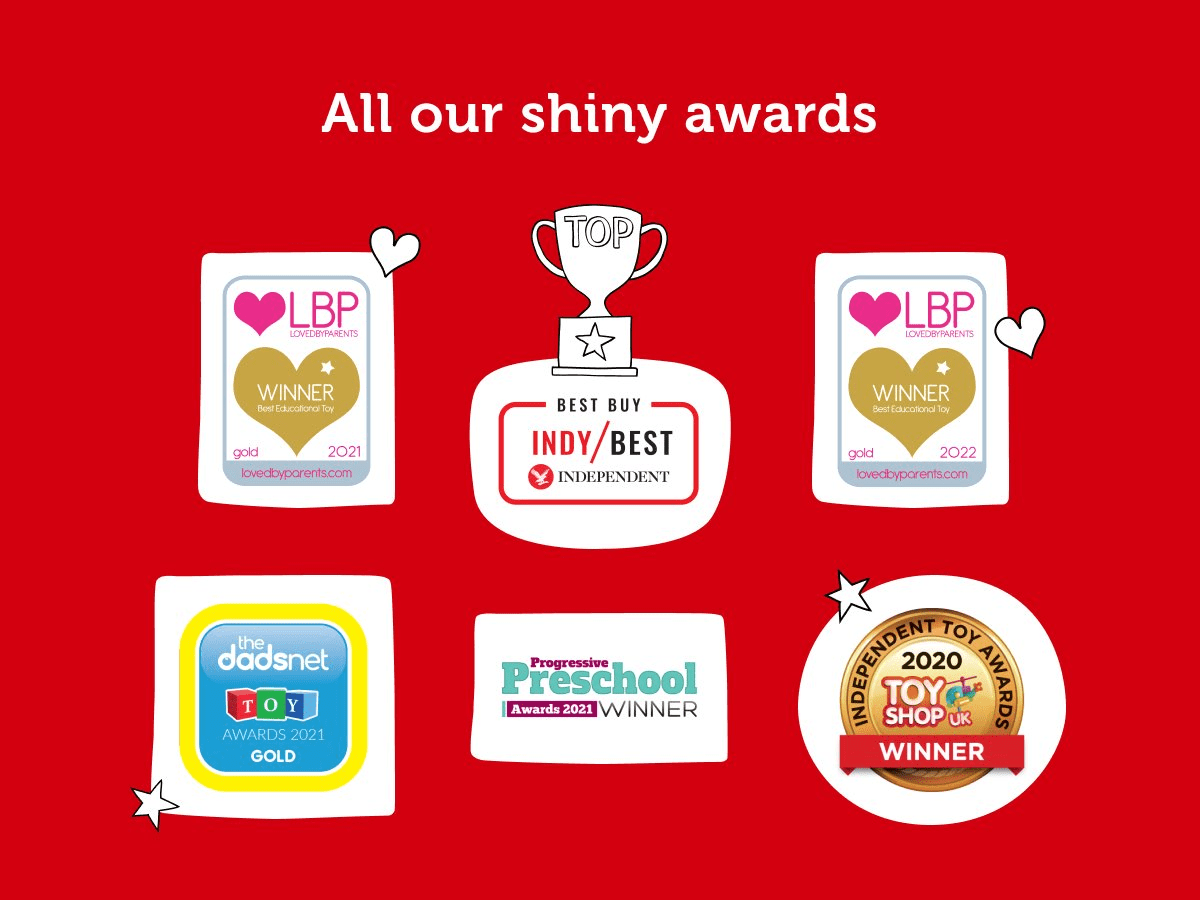 Graphic image that shows six awards given to Toniebox