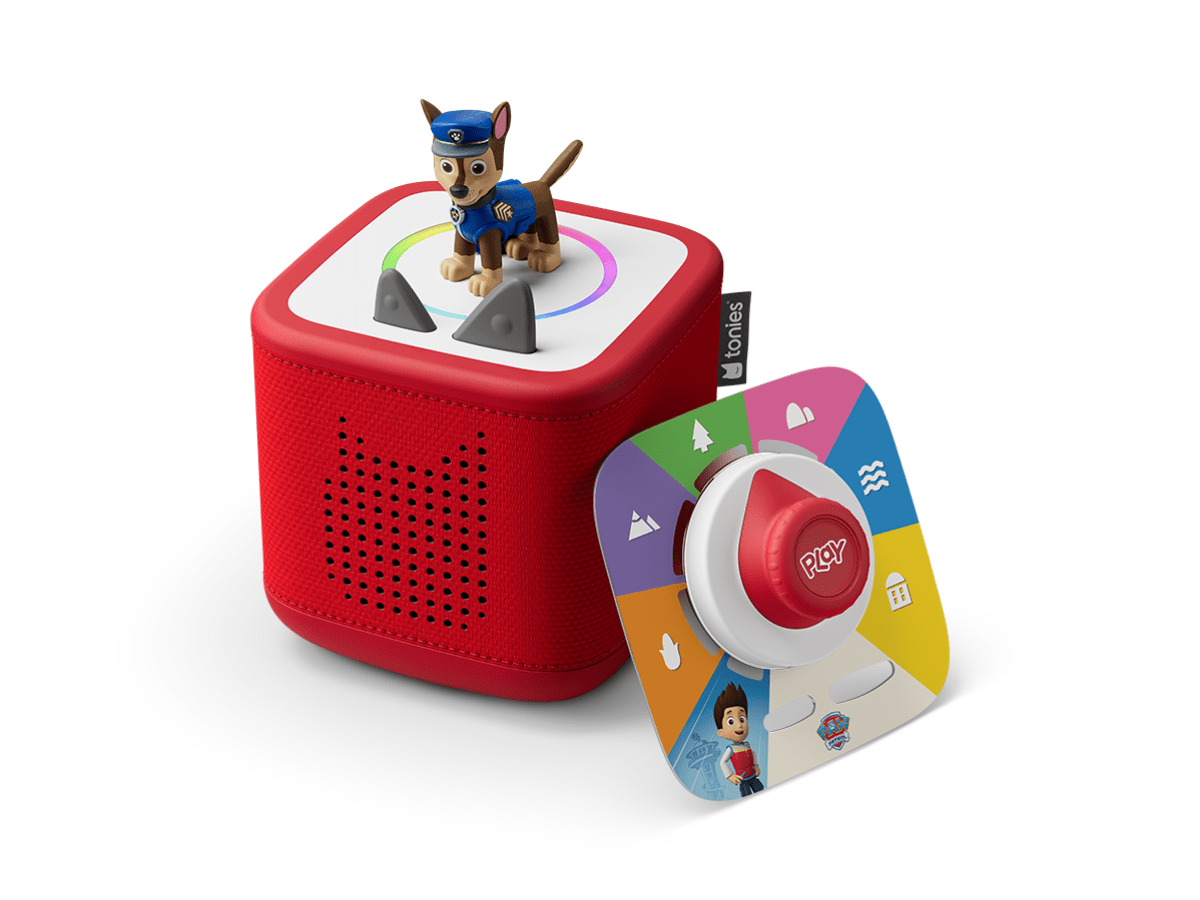 Red Toniebox 2 an audio player for kids with PAW Patrol chase audio figurine and PAW Patrol tonieplay with controller
