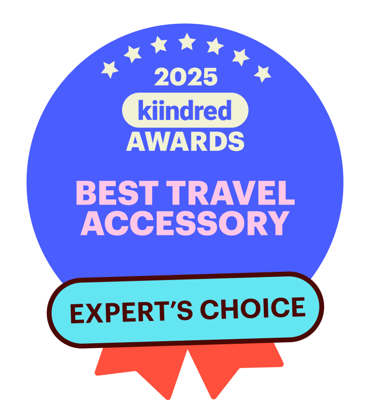 Award badge for 'Best Travel Accessory' and 'Expert's Choice' in 2025 kiindred Awards on a white background.
