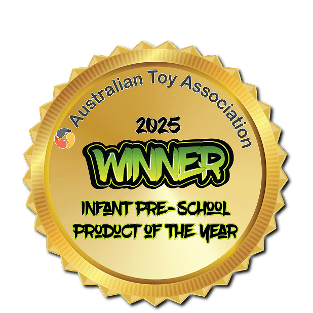 Gold medal with '2025 Winner' for Infant Pre-School Product of the Year from the Australian Toy Association on a white background.