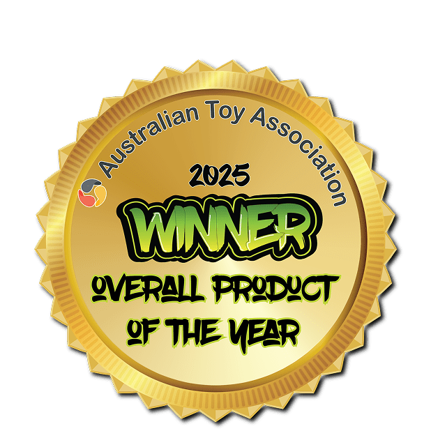 Gold medal with '2025 Winner Overall Product of the Year' text from the Australian Toy Association on a green background