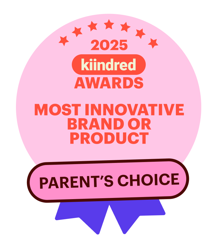 Award badge for 'Most Innovative Brand or Product' and 'Parent's Choice' from 2025 kiindred Awards on a pink background.
