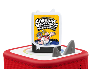 Captain Underpants and the Perilous Plot of Professor Poopypants on a red Toniebox 2 ready to play audio stories and songs curated for kids