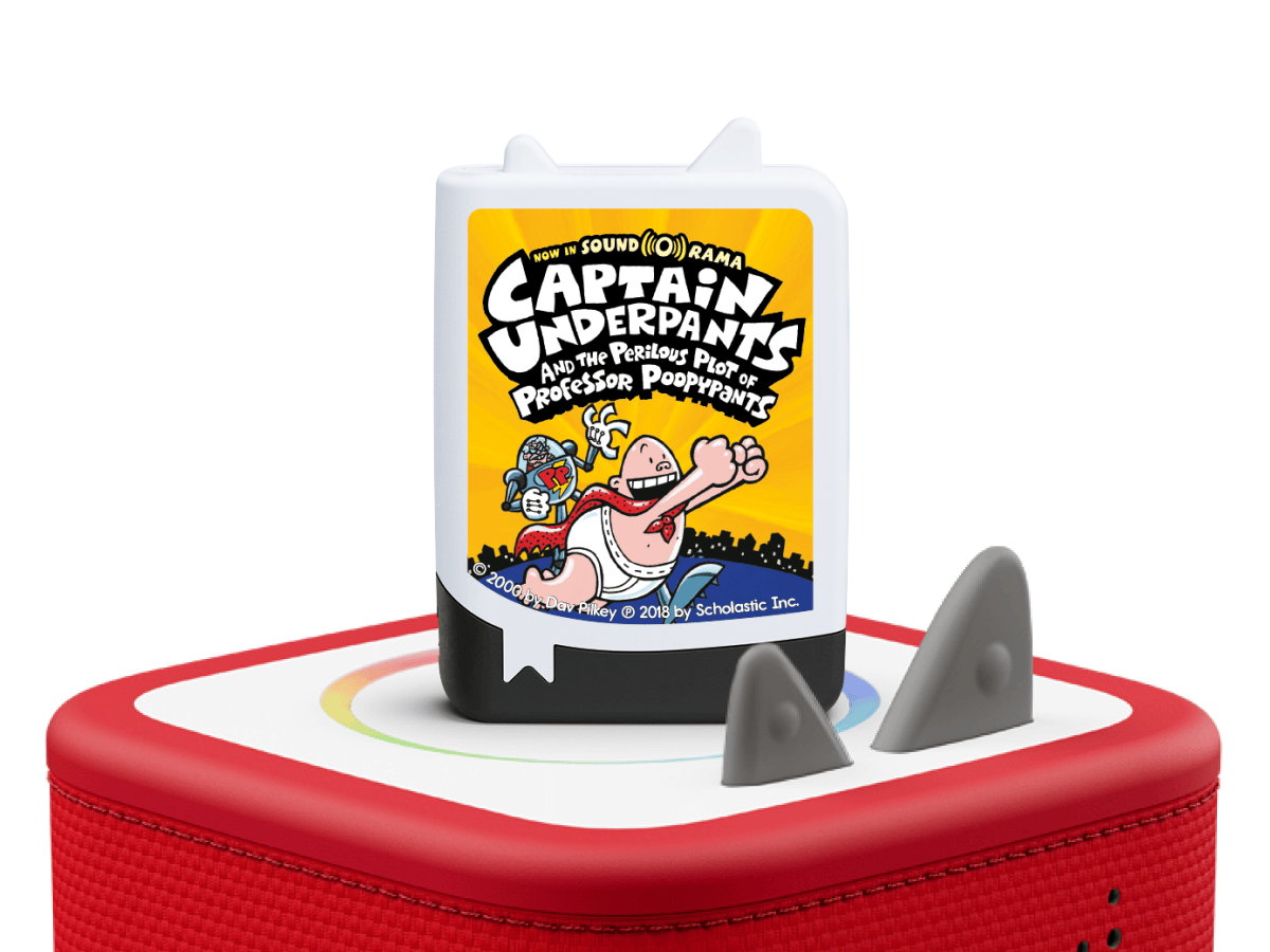 Captain Underpants and the Perilous Plot of Professor Poopypants on a red Toniebox 2 ready to play audio stories and songs curated for kids