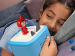 child playing with red creative-tonie on a toniebox 2, an audio player for kids