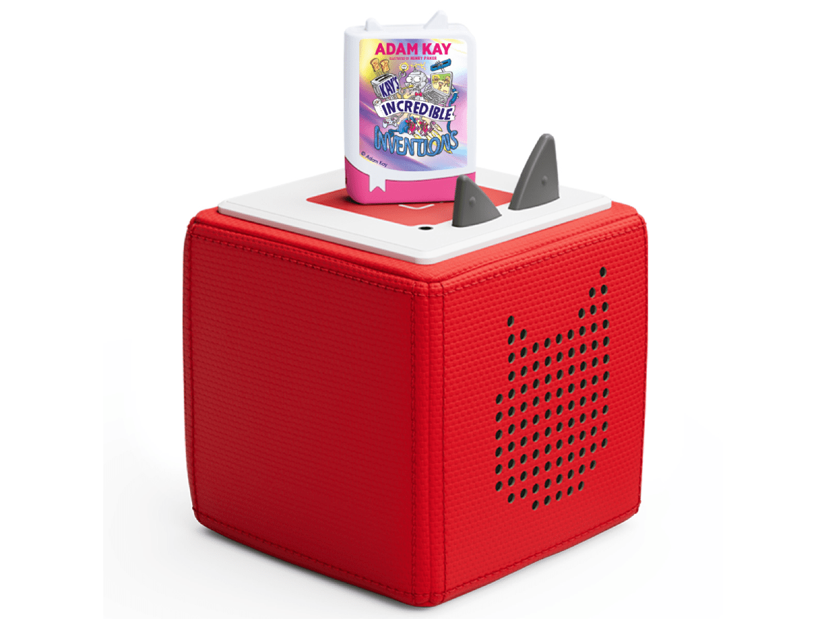 Adam Kay - Kay’s Incredible Inventions - Audiobook Pocket Tonie on a red toniebox