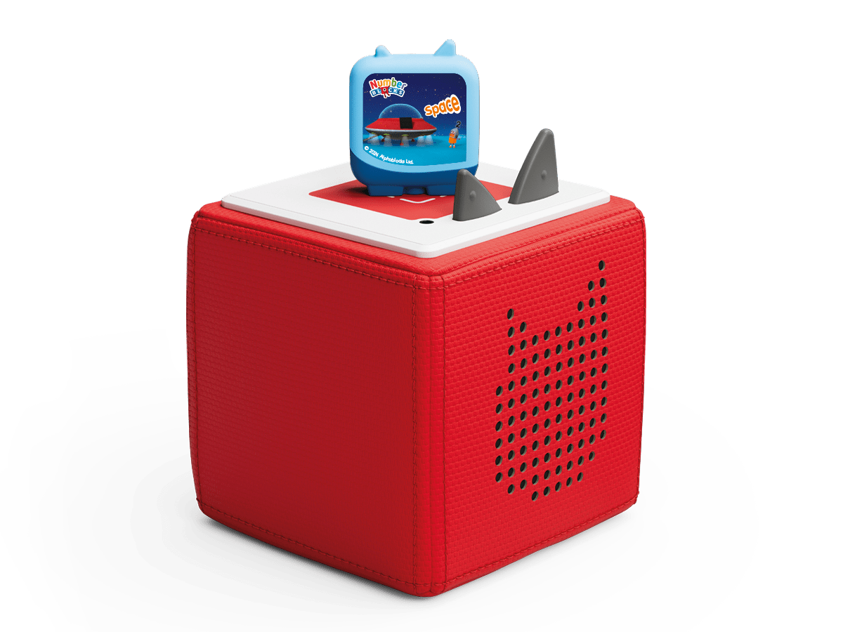 Numberblocks Clever Tonieon a red Toniebox ready to play audio stories and songs