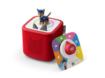 Red Toniebox 2 an audio player for kids with PAW Patrol chase audio figurine and PAW Patrol tonieplay with controller