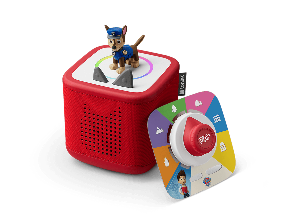 Red Toniebox 2 an audio player for kids with PAW Patrol chase audio figurine and PAW Patrol tonieplay with controller