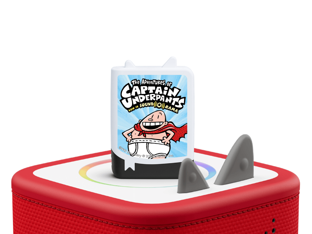 The Adventures of Captain Underpants on a Red Toniebox 2 ready to play audio stories and songs curated for older listeners