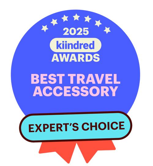 Award badge for 'Best Travel Accessory' and 'Expert's Choice' in 2025 kiindred Awards on a white background.