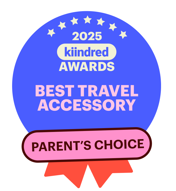 Award badge for 'Best Travel Accessory' and 'Parent's Choice' in 2025 by kiindred on a white background