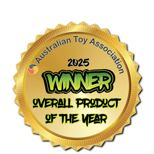 Gold medal with '2025 Winner Overall Product of the Year' text from the Australian Toy Association on a green background